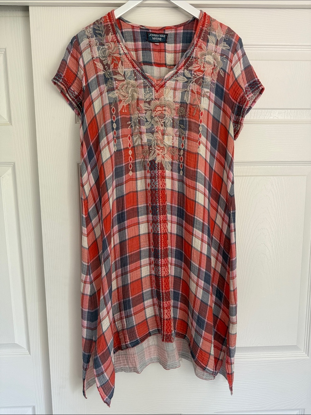 Johnny Was Workshop Julienne Plaid Tunic  Embroidered Boho Cotton Gauze Dress